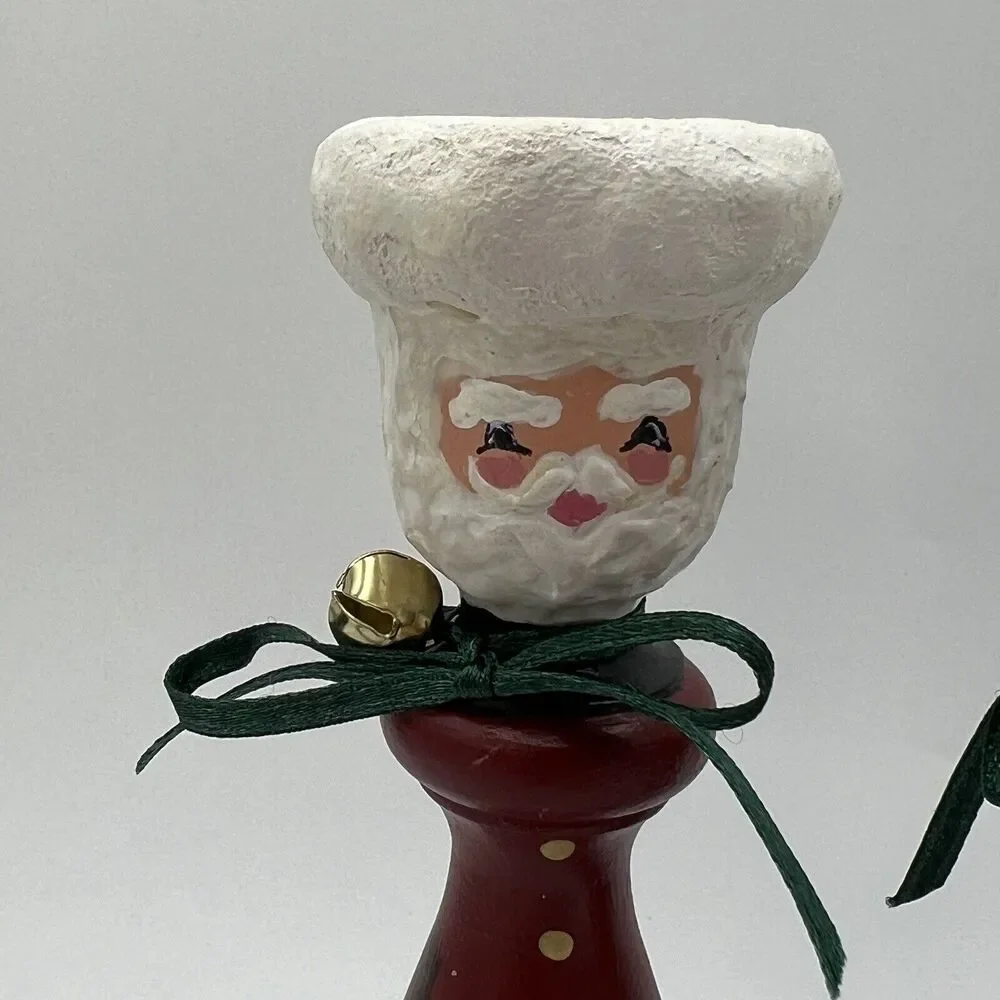 Set 2 Hand Painted Folk Art Wood Candlestick Santa Father Christmas Signed